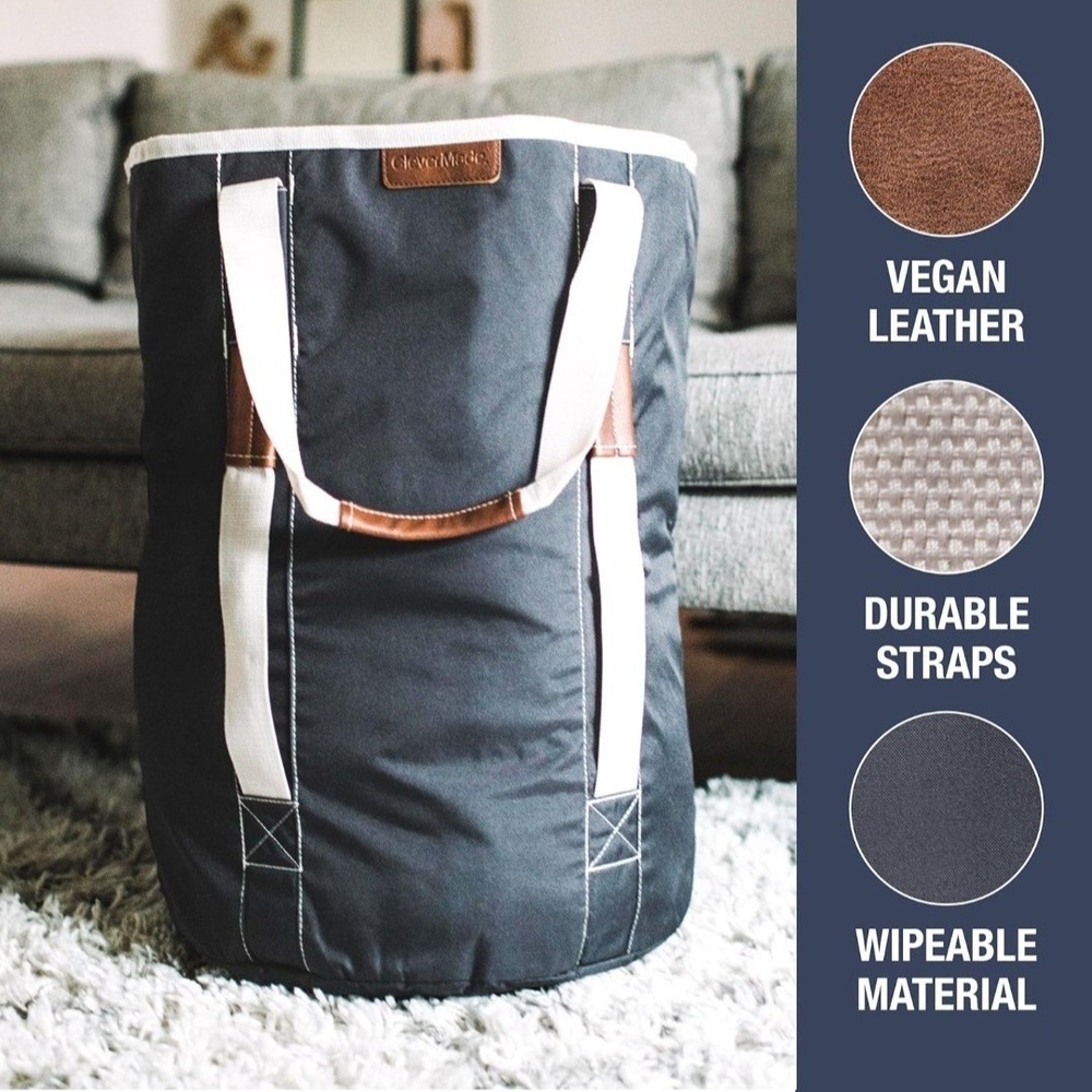 CleverMade Laundry Duffel Backpack Bag Charcoal Gray 40lb Capacity Vegan Leather